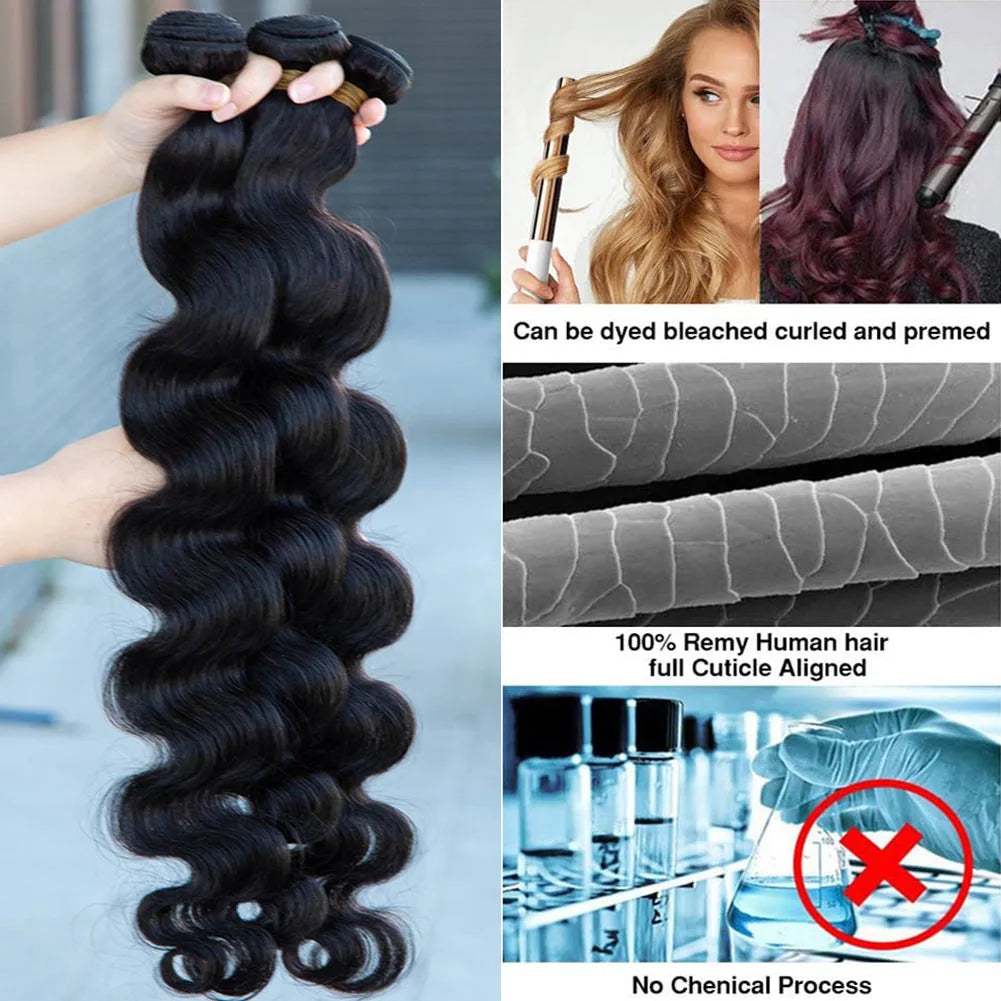 Rosabeauty 30 40 Inch Body Wave 3 4 Bundles Brazilian Remy 100% Unprocessed Human Hair Wavy Double Drawn Bundles Weave Extensions