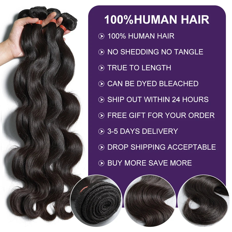 Rosabeauty 30 40 Inch Body Wave 3 4 Bundles Brazilian Remy 100% Unprocessed Human Hair Wavy Double Drawn Bundles Weave Extensions