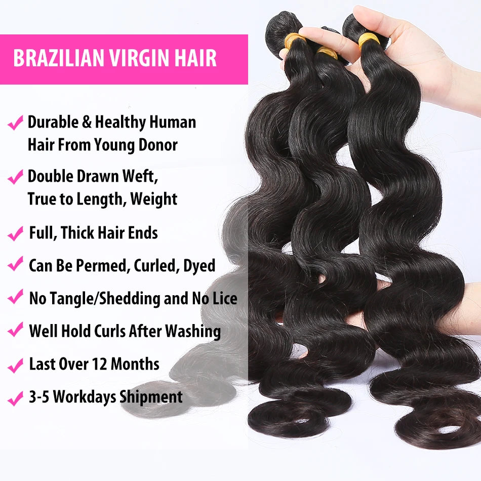 Rosabeauty 30 40 Inch Body Wave 3 4 Bundles Brazilian Remy 100% Unprocessed Human Hair Wavy Double Drawn Bundles Weave Extensions