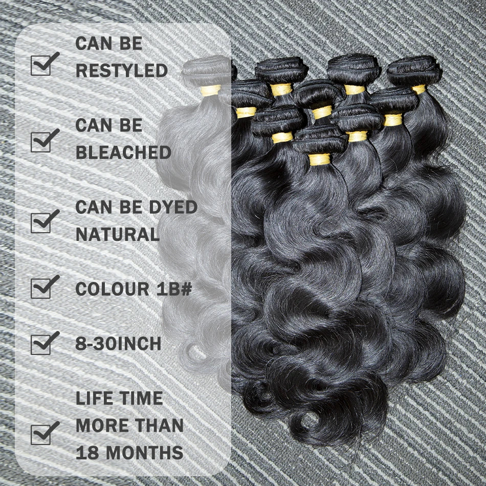 Rosabeauty 30 40 Inch Body Wave 3 4 Bundles Brazilian Remy 100% Unprocessed Human Hair Wavy Double Drawn Bundles Weave Extensions