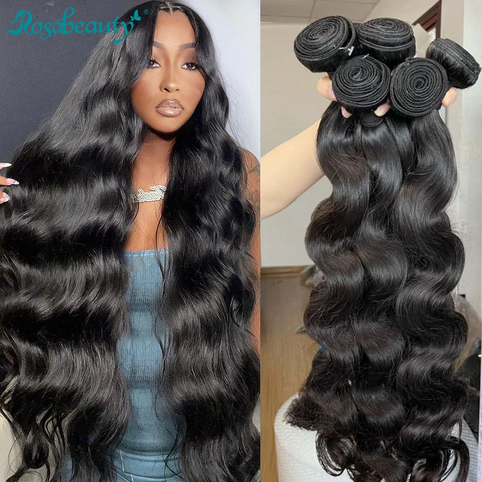 Rosabeauty 30 40 Inch Body Wave 3 4 Bundles Brazilian Remy 100% Unprocessed Human Hair Wavy Double Drawn Bundles Weave Extensions