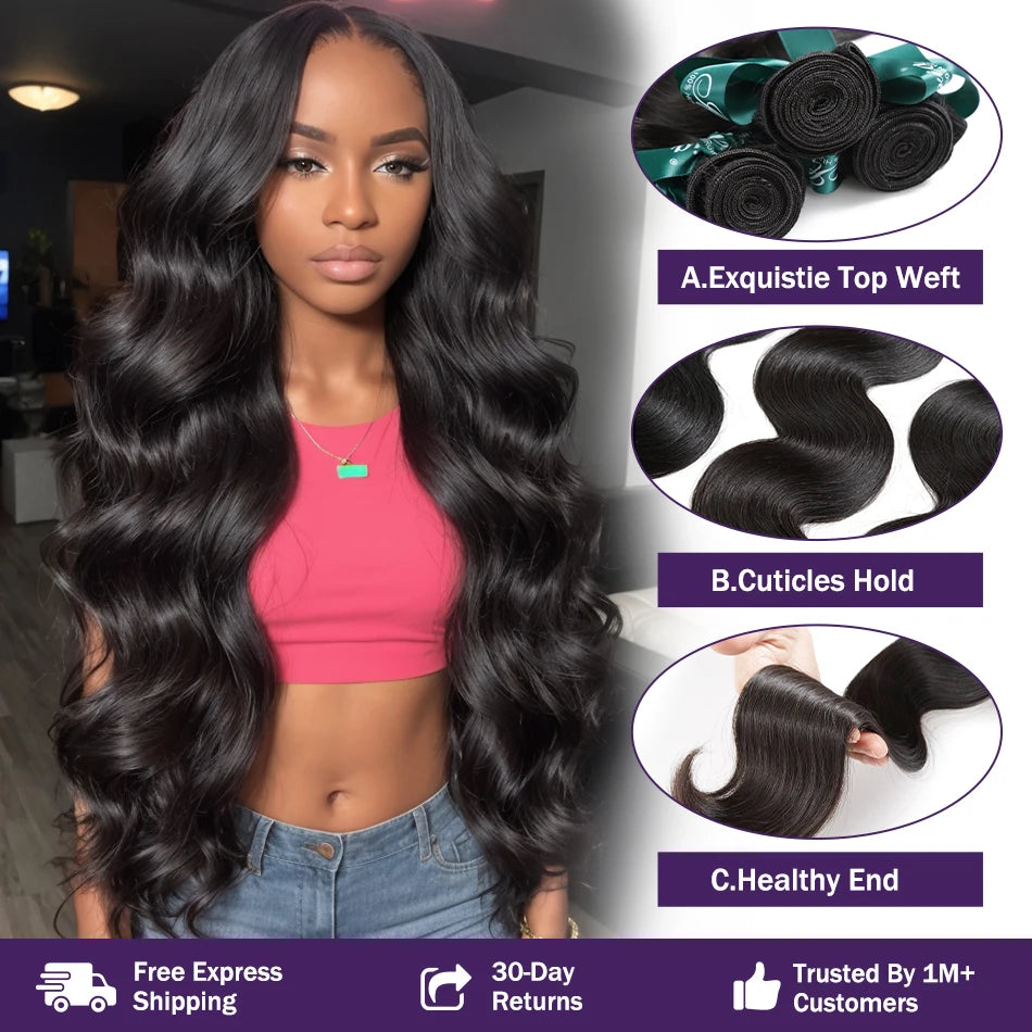 Rosabeauty 30 40 Inch Body Wave 3 4 Bundles Brazilian Remy 100% Unprocessed Human Hair Wavy Double Drawn Bundles Weave Extensions